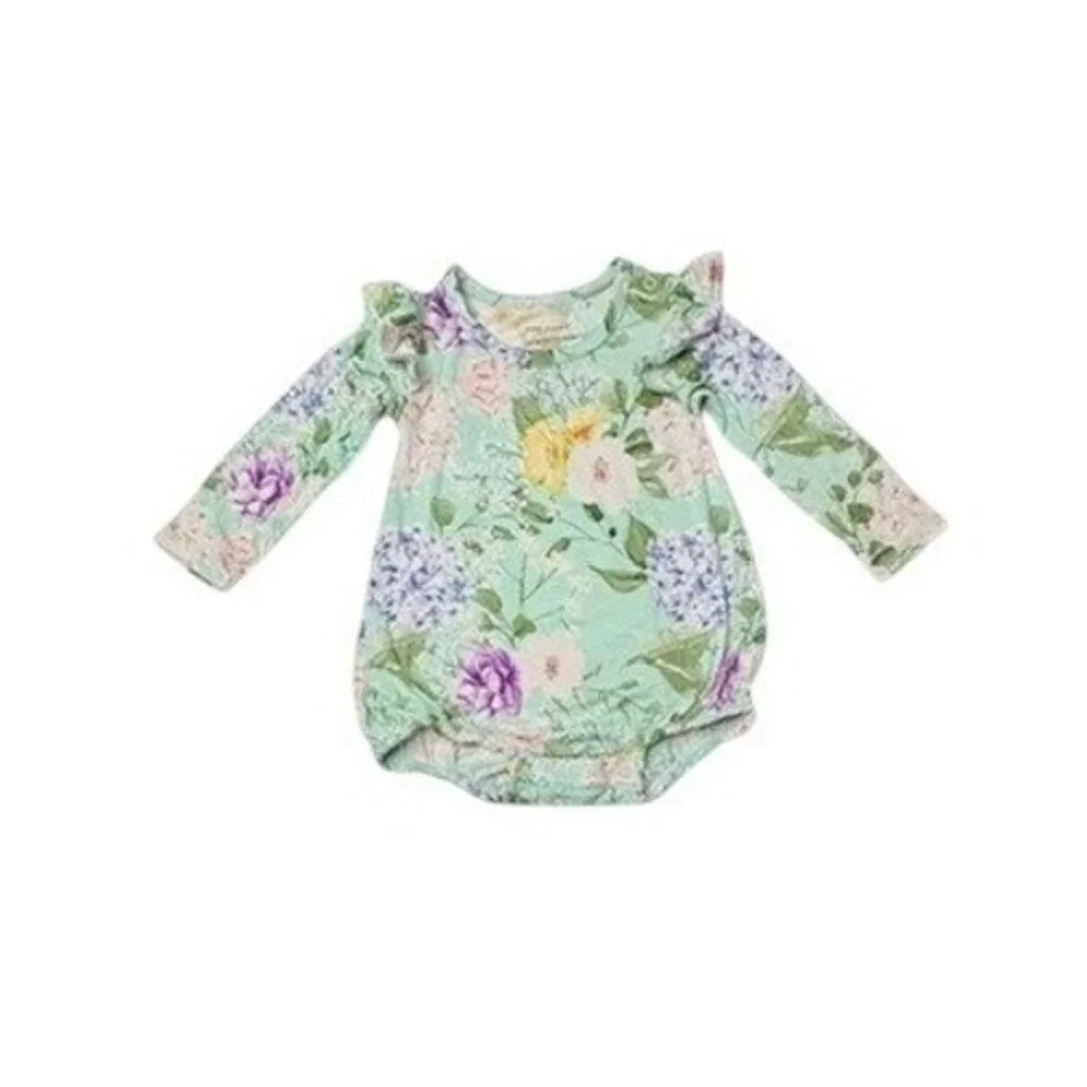 Posh Peanut Bamboo Erin LS Bubble Romper 12-18 Month Lt. Green Floral Gardencore